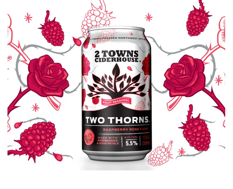 Two Thorns can on a white background with a design of red, white and gray roses, raspberries and thorns