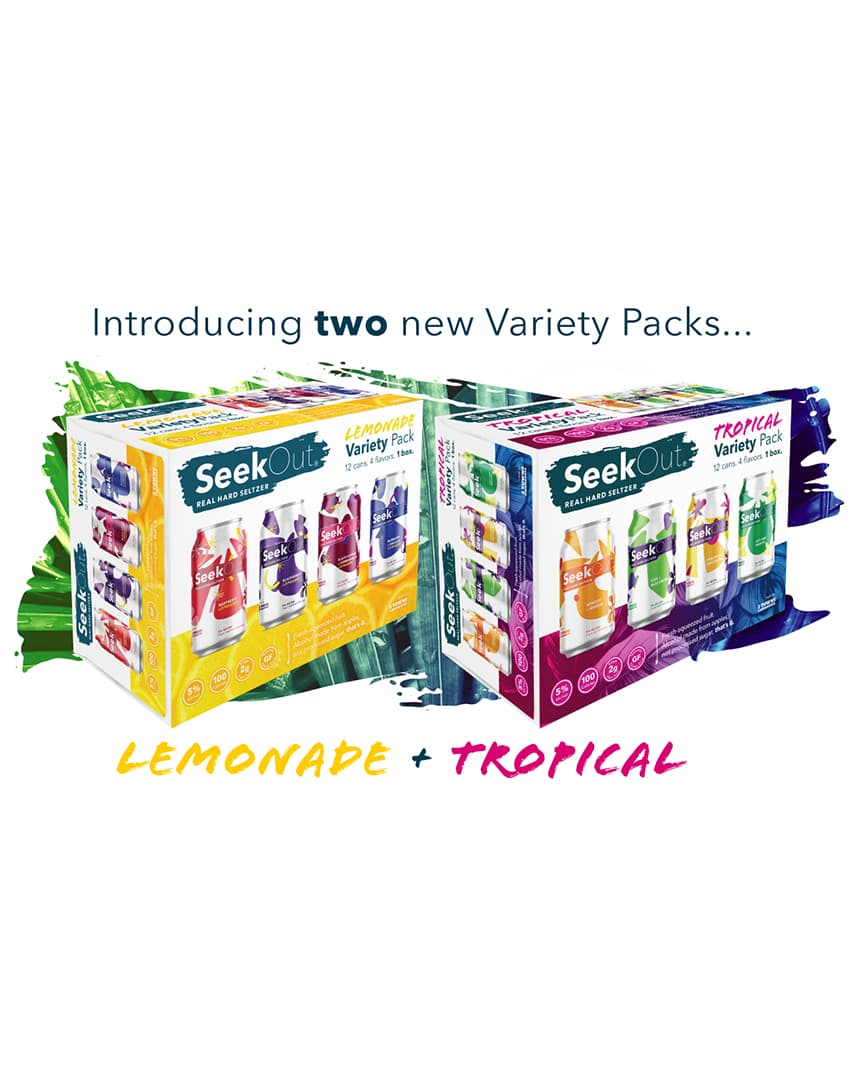 SeekOut Seltzer's new variety packs; Tropical and Lemonade variety packs.