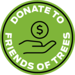 Green circular badge that says "Friends of Trees" with a hand holding a coin.