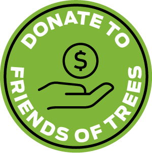 A green badge that reads "Donate To Friends Of Trees" with an image of a hand holding a coin. Campaign: Nature Never Stops.