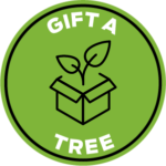 Green circular badge that says "Gift a Tree" box that has a sapling coming out of it.