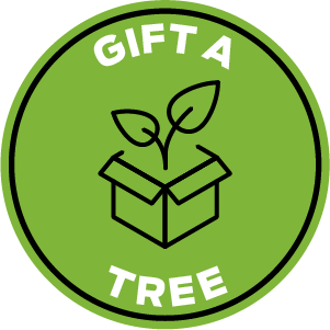 A green badge that reads "Gift A Tree" with an image of a tree in a box. Campaign: Nature Never Stops.