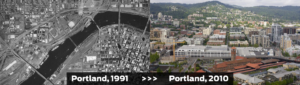 Two images. On the left it reads "Portland, 1991" and shows an ariel view of Portland with few trees. On the right it reads "Portland, 2010" and shows the same part of the city from above, but full of greenery in-between buildings. Campaign: Nature Never Stops.