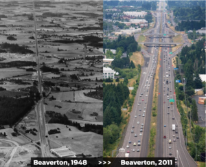 Two images. On the left it reads "Beaverton, 1948" and shows barren land with few trees. On the right it reads "Beaverton, 2011" and show along I5 where, despite the interstate, it is lush and green on both sides. Campaign: Nature Never Stops.