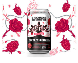 Two Thorns can on a white background with a design of red, white and gray roses, raspberries and thorns.